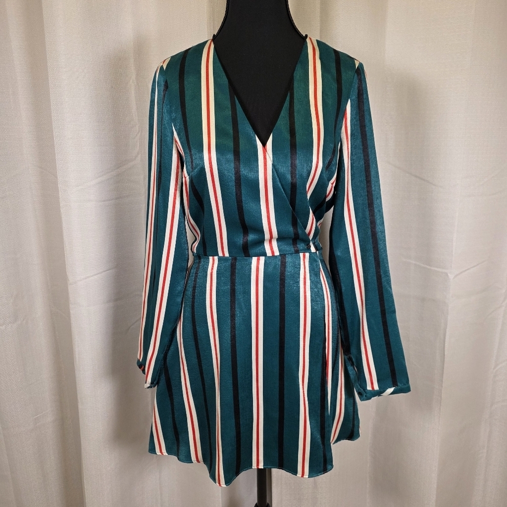 Zara TRF Striped Wrap Skort Romper Green Long Sleeve Size Small